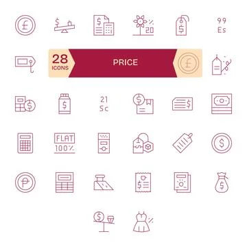 32 Retina Ready Vector Icons for Price with Pixel Optimized Thin Line clarity Stock Illustration