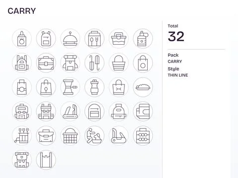 32 Retina Ready Vector Icons for Carry in Detail Enhanced Thin Line Format Stock Illustration
