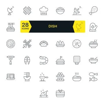 32 Thin Line Detail Enhanced Vectors for Dish Theme Stock Illustration