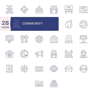 32 Thin Line Detail Enhanced Vectors for Community Theme Stock Illustration