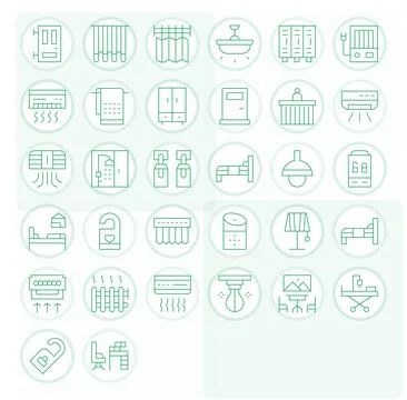 32 Thin Line Editable Designs for Room High Resolution Vector Icons Stock Illustration