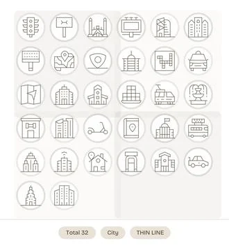 32 Thin Line Editable Vectors for City Theme Stock Illustration