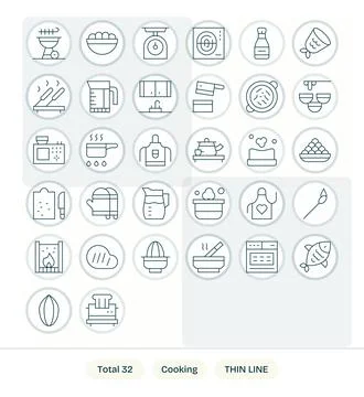 32 Thin Line Editable Vectors for Cooking Theme Stock Illustration