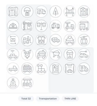 32 Thin Line Grid Fitted Designs for Transportation 128x128 Vector Icons Stock Illustration