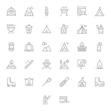 32 Thin Line Pixel Aligned 128x128 Vector Icons from Camping Suite Stock Illustration