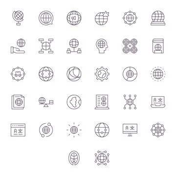32 Thin Line Pixel Optimized Vectors for Globalization Theme Stock Illustration