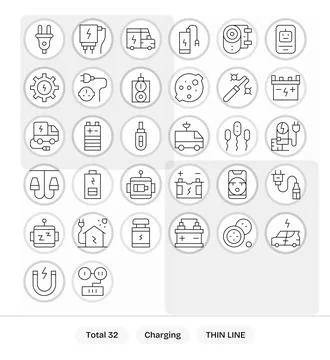 32 Thin Line Pixel Optimized Vectors for Charging Theme Stock Illustration