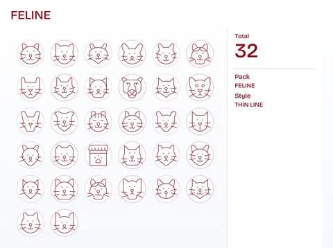 32 Thin Line Pixel Optimized Designs for Feline 256x256 Vector Icons Stock Illustration