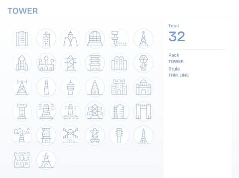 32 Thin Line Pixel Optimized Vector Icons tailored for Tower 64x64 interface Stock Illustration