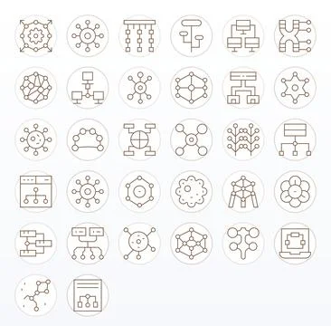 32 Thin Line PIXEL Perfect Vector Icons tailored for Nodes High Resolution .. Illustrazione stock