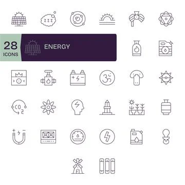 32 Thin Line PIXEL Perfect Vector Icons for Energy Graphics Stock Illustration