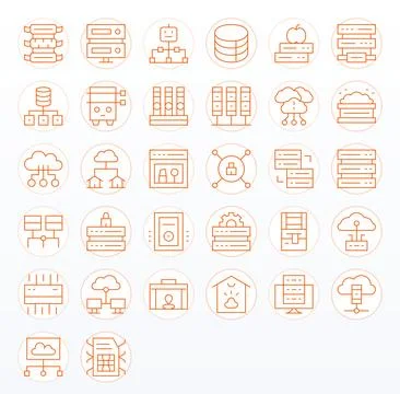 32 Thin Line Vector Icons from Data Center in 256x256 Pixel Optimized Quality Stock Illustration