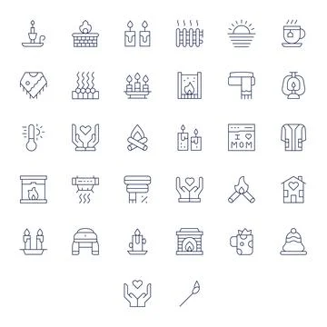 32 Thin Line Vector Icons for Warmth in crisp 64x64 Pixel Optimized resolutio Stock Illustration