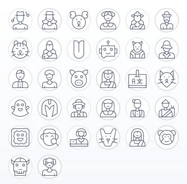 32 Thin Line Vector Icons designed for Character in 128x128 Detail Enhanced.. Stock Illustration