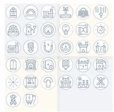 32 Thin Line Vector Icons for Energy in crisp 128x128 Grid Fitted resolution Stock Illustration