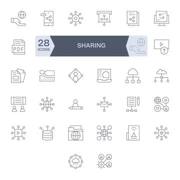 32 Thin Line Vector Icons designed for Sharing in Retina Ready Grid Fitted .. Stock Illustration