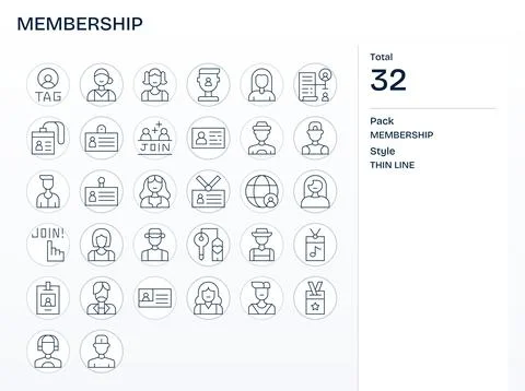 32 Thin Line Vector Icons from Membership in 256x256 Grid Fitted Quality Stock Illustration