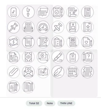 32 Thin Line Vector Icons for Note in crisp 64x64 Editable resolution Stock Illustration
