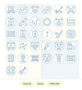 32 Thin Line Vector Icons designed for Score in 128x128 Display Perfect forma Stock Illustration