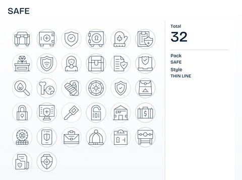 32 Thin Line Vector Icons for Safe in crisp High Resolution Detail Enhanced.. Stock Illustration
