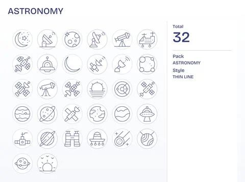 32 Thin Line Vector Icons for Astronomy in crisp Retina Ready PIXEL Perfect.. Stock Illustration