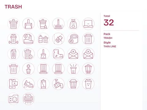 32 Trash Display Perfect Vector Icons in 64x64 Thin Line Aesthetic Stock Illustration