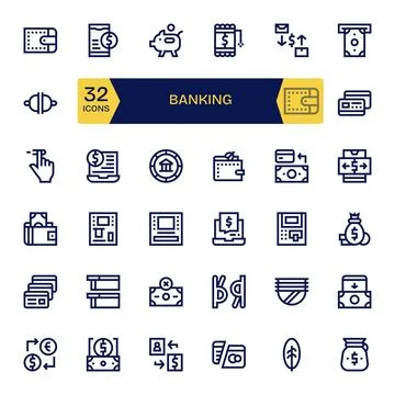 32 Vector Icons for Banking featuring Retina Ready Display Perfect Bold Lin.. Stock Illustration