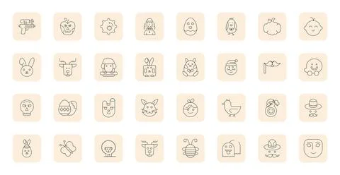 32 Vector Icons for Cartoon featuring Retina Ready Detail Enhanced Thin Out.. Stock Illustration