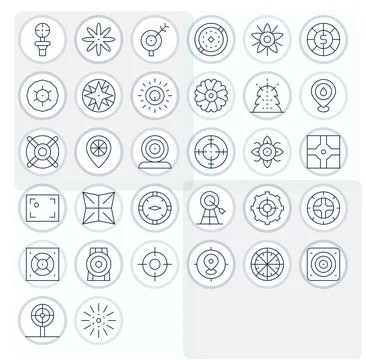 32 Vector Icons for Center featuring 128x128 Pixel Optimized Thin Line Graphi Stock Illustration