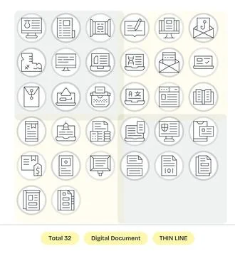 32 Vector Icons for Digital Document featuring 128x128 Pixel Optimized Thin.. Stock Illustration