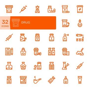 32 Vector Icons for Drug featuring 64x64 PIXEL Perfect Bold Line Graphics Stock Illustration