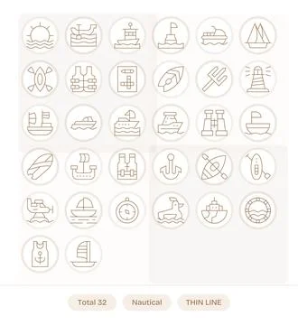 32 Vector Icons inspired by Nautical in Pixel Aligned 64x64 Thin Line quality Stock Illustration