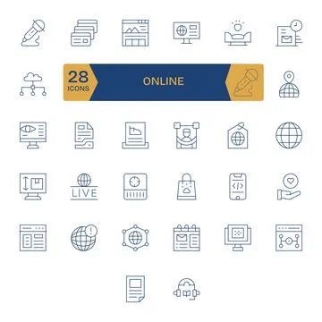 32 Vector Icons inspired by Online in Grid Fitted 128x128 Thin Line quality Stock Illustration