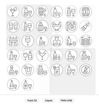 32 Vector Icons for Liquor optimized in Display Perfect Retina Ready Thin L.. Stock Illustration