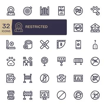 32 Vector Icons for Restricted featuring 128x128 Pixel Optimized Bold Line .. Stock Illustration