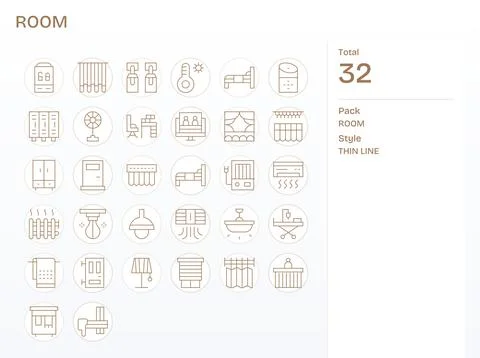 32 Vector Icons for Room optimized in Grid Fitted 128x128 Thin Line resolutio Stock Illustration