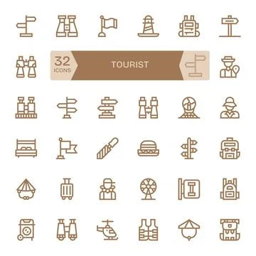32 Vector Icons for Tourist optimized in Detail Enhanced 128x128 Bold Line .. Stock Illustration
