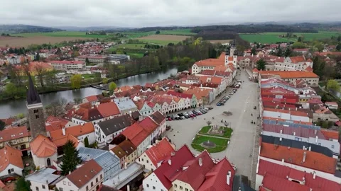 Wide Shot Over Zacharias of Hradec Square, Telc, Czech Republic - Aerial Drone Wide Shot Over Zacharias of Hradec Square, Telc, Czech Republic - Aerial Drone