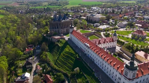 Flight down to Jesuit College, Kutna Hora, Bohemia, Czechia - Aerial Drone Flight down to Jesuit College, Kutna Hora, Bohemia, Czechia - Aerial Drone