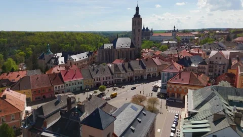 Approach to the Church of St James, Kutna Hora, Bohemia, Czechia - Aerial Drone Approach to the Church of St James, Kutna Hora, Bohemia, Czechia - Aerial Drone