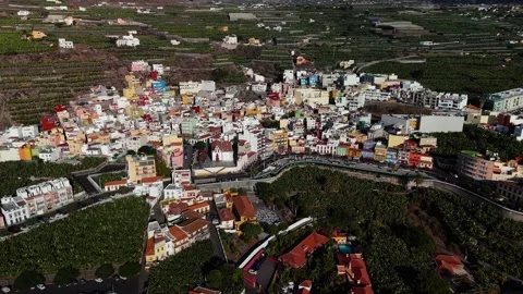 Villa de Tazacorte, Birds Eye Pan, La Palma, Canary Islands - Aerial Drone Villa de Tazacorte, Birds Eye Pan, La Palma, Canary Islands - Aerial Drone
