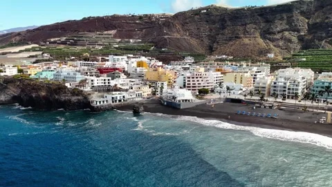 Pan Out from Beach, Puerto Naos, La Palma, Canary Islands, Spain - Aerial Drone Pan Out from Beach, Puerto Naos, La Palma, Canary Islands, Spain - Aerial Drone