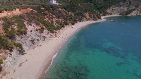 Pan Out over Sea at Fari Beach, Skala Marion, Thasos, Greece - Aerial Drone Pan Out over Sea at Fari Beach, Skala Marion, Thasos, Greece - Aerial Drone