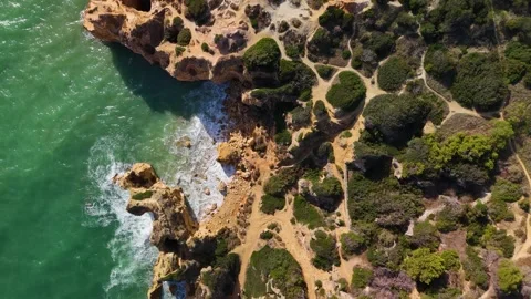 Top Down View over Coastline at Benagil, Algarve, Portugal - Aerial Drone Top Down View over Coastline at Benagil, Algarve, Portugal - Aerial Drone