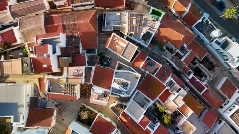 Ferragudo Top Down View Out to River, Algarve, Portugal - Aerial Drone Ferragudo Top Down View Out to River, Algarve, Portugal - Aerial Drone