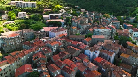 Circling over Sartene, Corse-du-Sud, Corsica, France - Aerial Drone