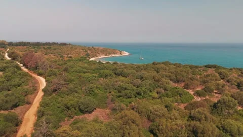Aerial Low Approach Over Land to Gialiskari Beach, Corfu, Greece Aerial Low Approach Over Land to Gialiskari Beach, Corfu, Greece