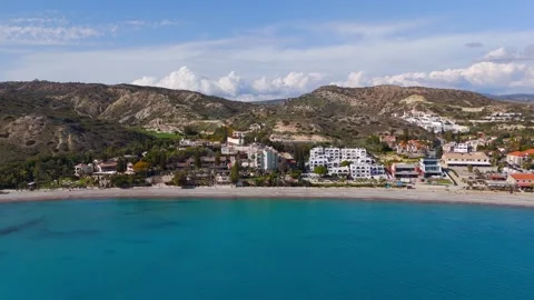 Aerial Pan Over Pissouri Beach Front Villas and Resorts, Cyprus