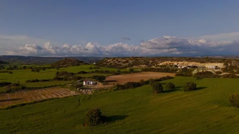 Aerial Drone Shot Over Lush Green Fields in Avdimou Bay, Cyprus
