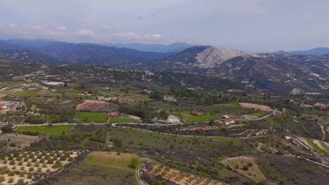 Aerial Descent into Winter Countryside and Farms near Koilani, Cyprus